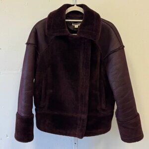 Whistles Faux Fur Biker Bomber Jacket Oversized Burgundy Small